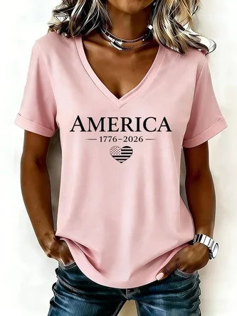 Letter Pattern Short Sleeve Tee T shirt V Neck Elegant Summer Top