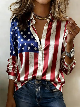 Women's American flag shawl collar long-sleeve shirt