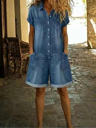 Plain Shawl Collar Short Sleeve Vintage Summer Denim Jumpsuit