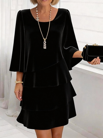 Women Plain Three Quarter Sleeve Crew Neck Dress Daily Elegant Midi A-Line Spring/Fall Dress - Image 3