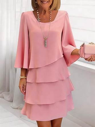 Women Plain Three Quarter Sleeve Crew Neck Dress Daily Elegant Midi A-Line Spring/Fall Dress - Image 2