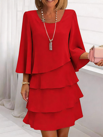Women Plain Three Quarter Sleeve Crew Neck Dress Daily Elegant Midi A-Line Spring/Fall Dress - Image 4