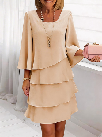 Women Plain Three Quarter Sleeve Crew Neck Dress Daily Elegant Midi A-Line Spring/Fall Dress - Image 5
