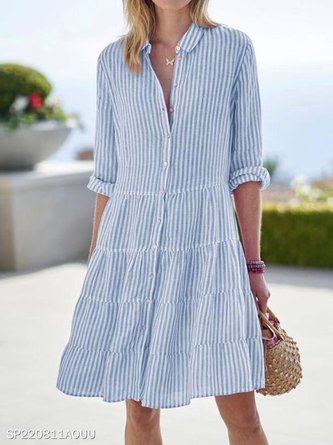 Women Striped Long Sleeve Shawl Collar Printing Dress Daily Vintage Midi Shirt Dress A-Line Spring/Fall Dress - Image 4