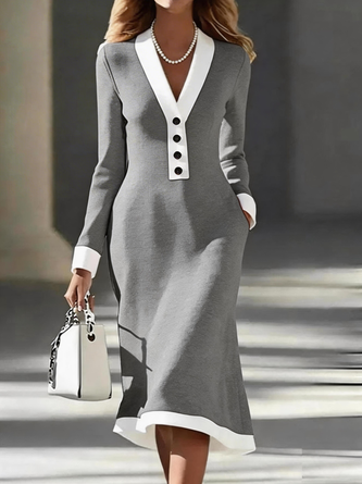 Women Plain Long Sleeve V Neck Dress Party Sexy Midi Hip Skirt A-Line Spring/Fall Dress - Image 4
