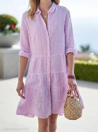 Women Striped Long Sleeve Shawl Collar Printing Dress Daily Vintage Midi Shirt Dress A-Line Spring/Fall Dress