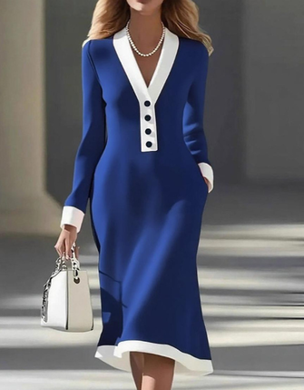 Women Plain Long Sleeve V Neck Dress Party Sexy Midi Hip Skirt A-Line Spring/Fall Dress - Image 3
