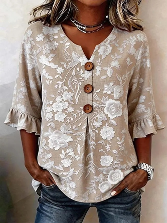 Women Floral V Neck Short Sleeve Blouse Casual Daily Summer Top ...
