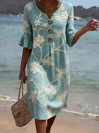 Floral Half Sleeve V Neck Dress Daily Casual Midi Fit & Flare Dress Line Summer Dress