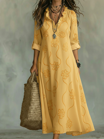 Women Floral Long Sleeve V Neck Dress Daily Casual Maxi Fit & Flare Dress A-Line Spring/Fall Dress - Image 3