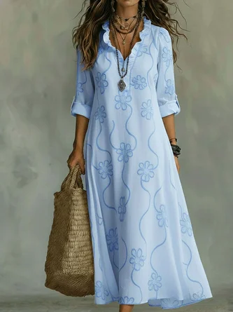 Women Floral Long Sleeve V Neck Dress Daily Casual Maxi Fit & Flare Dress A-Line Spring/Fall Dress - Image 4