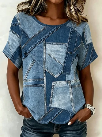 Striped Short Sleeve Tee T shirt Crew Neck Vintage Summer Top