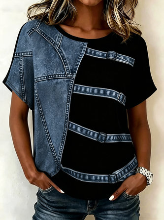 Faux Denim Print Graphic Short Sleeve Tee T shirt Crew Neck Vintage Summer Top