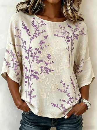 Leaf Crew Neck Half Sleeve Shirt Vintage Daily Summer Top