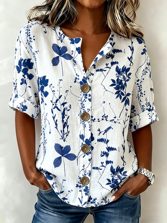 Floral V Neck Half Sleeve Shirt Casual Daily Summer Top