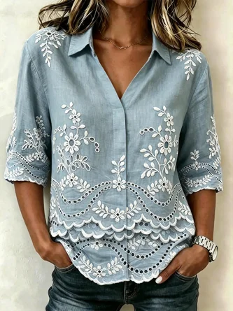Floral Shawl Collar Half Sleeve Shirt Vintage Daily Summer Top