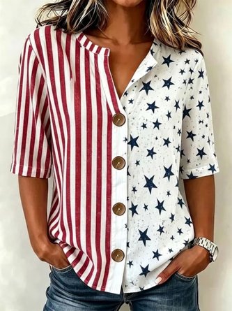 America Flag Stand Collar Three Quarter Sleeve Shirt Vintage Daily Spring Fall Top