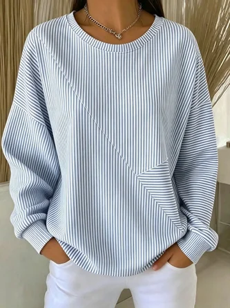 Striped Crew Neck Simple Spring Fall Long Sleeve Sweatshirt