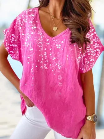 Floral Short Sleeve Tee T shirt V Neck Casual Summer Top