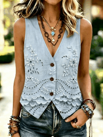 Vintage V Neck Regular Fit 3D Printing Vest