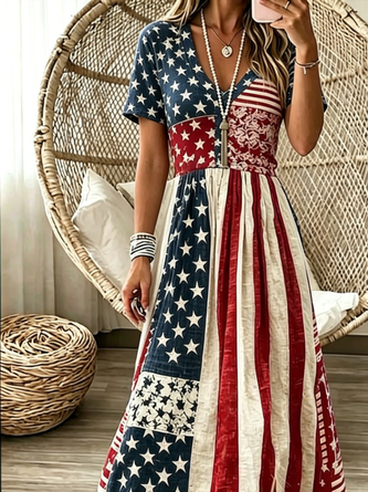 Women Geometric Long Sleeve V Neck Dress Daily Vintage Maxi A-Line Spring/Fall Dress - Image 2