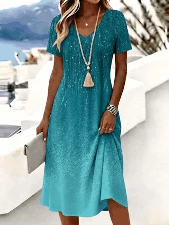 Ombre Short Sleeve V Neck Dress Daily Casual Midi Line Summer Dress