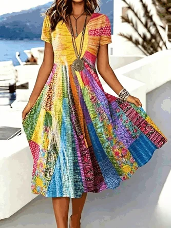 Floral Short Sleeve V Neck Dress Daily Casual Midi Line Summer Dress
