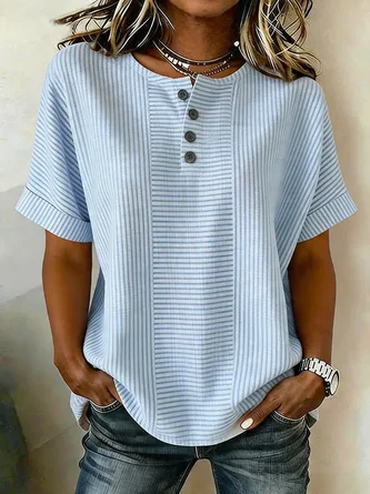Striped Short Sleeve Tee T shirt Crew Neck Printing Vintage Summer Top