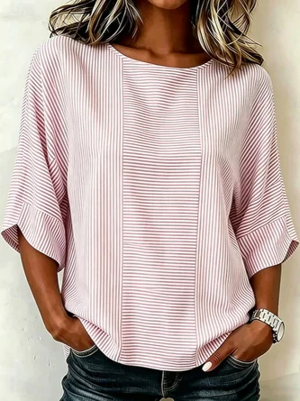Striped Crew Neck Half Sleeve Blouse Printing Vintage Daily Summer Top