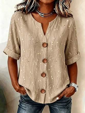 Leaf V Neck Three Quarter Sleeve Shirt Casual Daily Spring Fall Top