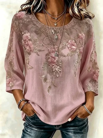 3D Printing Crew Neck Three Quarter Sleeve Blouse Vintage Daily Spring Fall Top