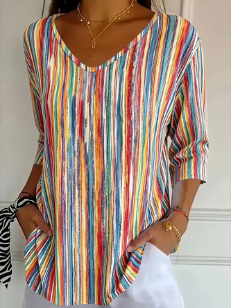 Abstract Stripes Three Quarter Sleeve Tee T shirt V Neck Printing Casual Graphic Tee Spring Fall Top