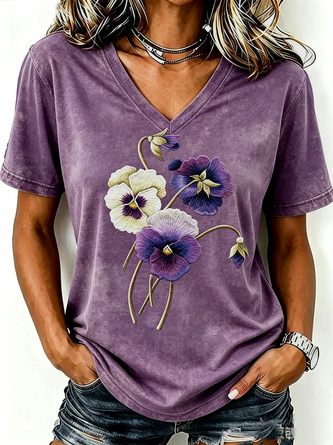 Floral Short Sleeve Tee T shirt V Neck Printing Vintage Summer Top