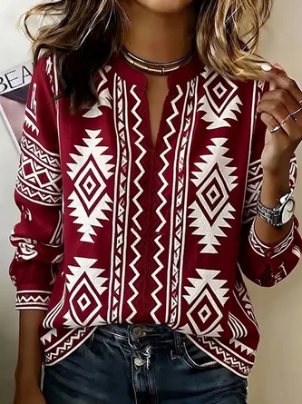 Abstract V Neck Long Sleeve Blouse Printing Vintage Daily Spring Fall Top