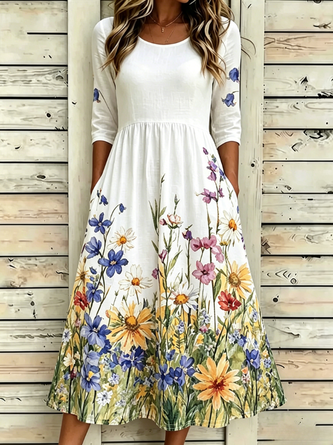 Floral Half Sleeve Crew Neck Dress Daily Vintage Maxi Line Summer Dress
