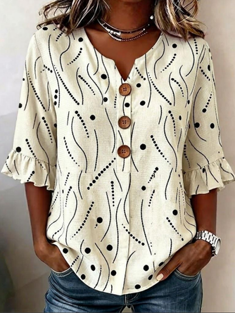 Geometric V Neck Half Sleeve Blouse Vintage Daily Summer Top