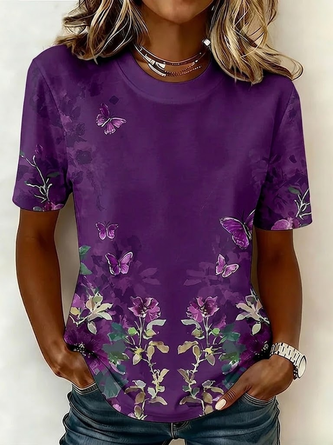 Floral Short Sleeve Tee T shirt Crew Neck Casual Summer Top