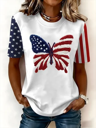Butterfly Short Sleeve Tee 4th July Patriotic Shirt Crew Neck Printing Casual Graphic Tee Summer Top