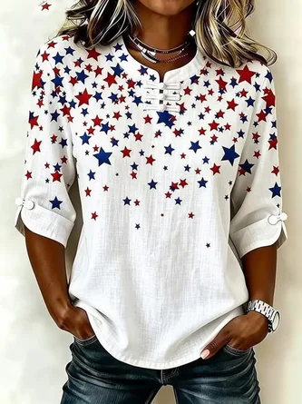 Star Mandarin Collar Half Sleeve Blouse Printing Vintage Daily Summer Top