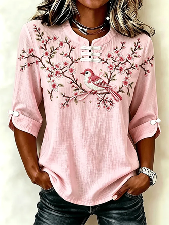 Floral Mandarin Collar Half Sleeve Blouse Printing Vintage Daily Summer Top