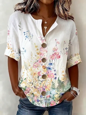 Floral Stand Collar Long Sleeve Shirt Vintage Daily Spring Fall Top