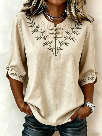 Leaf Mandarin Collar Half Sleeve Blouse Printing Vintage Daily Summer Top