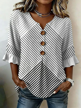 Striped V Neck Half Sleeve Blouse Printing Vintage Daily Summer Top