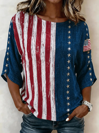 Independence Day Crew Neck Half Sleeve Blouse Printing Vintage Daily Summer Top
