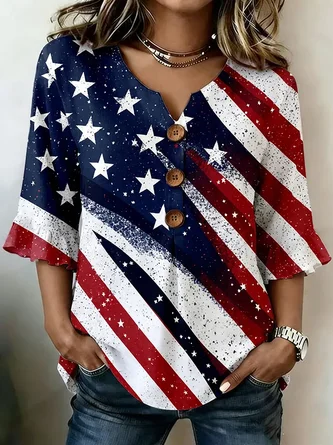 Independence Day V Neck Half Sleeve Blouse Printing Vintage Daily Summer Top