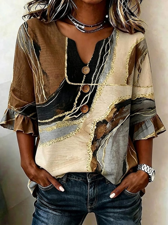 Abstract V Neck Half Sleeve Blouse Printing Vintage Daily Summer Top