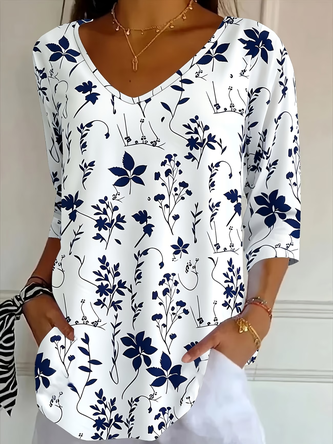 Floral Three Quarter Sleeve Tee T shirt V Neck Printing Casual Graphic Tee Spring Fall Top