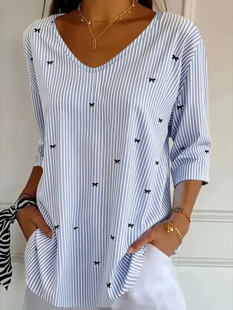 Striped Three Quarter Sleeve Tee T shirt V Neck Printing Casual Graphic Tee Spring Fall Top