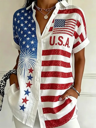 Independence Day Shirt Collar Short Sleeve Shirt Printing Casual Daily Summer Top