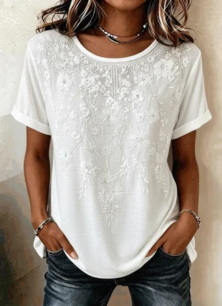 Floral Short Sleeve Tee T shirt Crew Neck Vintage Summer Top